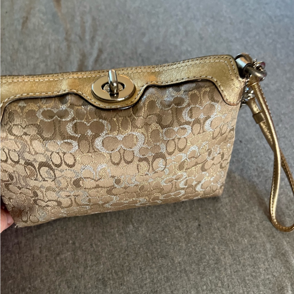 Coach Metallic Clutch Wristlet Rose Gold And Silver Jacquard Leather